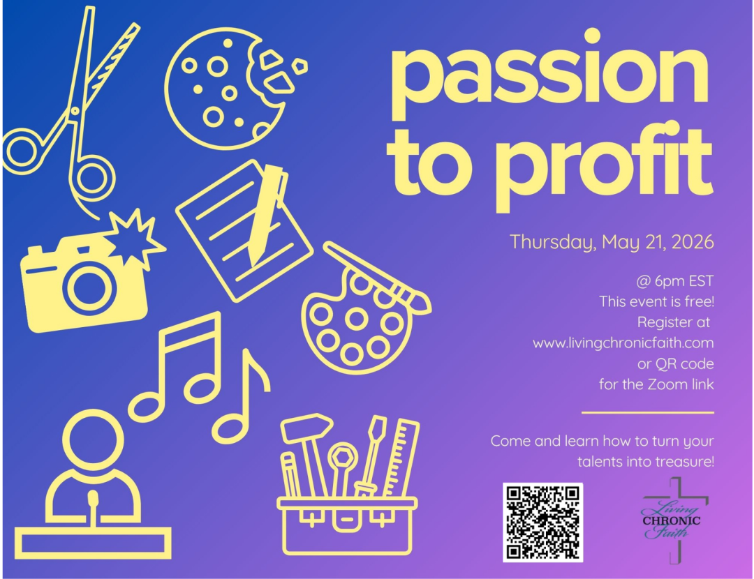 Register for the Passion to Profit workshopon May 21st at 6pm EST. Purple background with graphics representing multiple hobbies